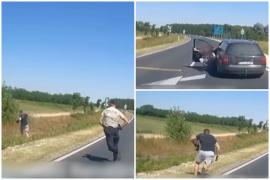 Momentul în care un şofer român sare din maşina în mers, pe o autostradă din Ungaria. Avea motive serioase să fugă de poliţişti