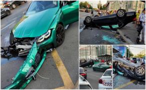 Mercedes aruncat cu roțile în sus de un BMW, pe bulevardul Tineretului. Unul dintre șoferi a intrat cu viteză pe contrasens și ar fi făcut drifturi înainte de accident