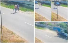 Momentul când un bărbat este izbit în plin de o maşină în Olt. A fost aruncat în aer peste zece metri