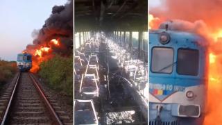 Momentul în care trenul Malaxa 1000, fabricat în anii '30, ia foc și arde ca o torță la intrarea în stația Oradea Vest