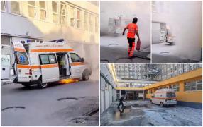 O ambulanță a luat foc din senin, în curtea Spitalului Județean Constanța. Coborâseră un pacient cu doar câteva clipe înainte