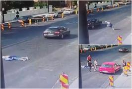 Momentul în care o bătrânică se prăbuşeşte în mijlocul unei străzi aglomerate din Cluj, printre maşini. Tragedie evitată la milimetru