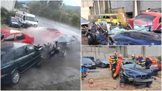 Un şofer de 21 de ani a făcut prăpăd la ieşirea din Petroşani: 5 maşini parcate, izbite puternic. Ce au găsit poliţiştii în BMW-ul lui