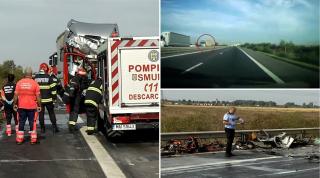 Imaginile catastrofei de pe A1: Mașina era atât de deformată, încât polițiștii nu au putut număra victimele