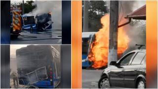 Un autobuz electric nou-nouţ a ars ca o torţă pe o şosea din Brăila. În ce stare e şoferul care se afla în mijlocul de transport