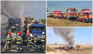 Impact devastator în Teleorman. Două autobuze au fost spulberate de un TIR după o depășire inconștientă. Cele trei autovehicule au luat foc, sunt mai mulţi răniţi