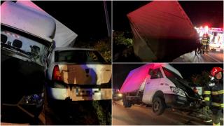 Camionetă răsturnată peste o mașină, în Sighișoara. O persoană a fost rănită, după ce șoferul autoutilitarei a pierdut controlul volanului