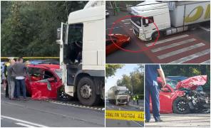 Șofer mort după un impact dezastruos cu două TIR-uri, pe un bulevard din Timișoara. O cameră de supraveghere a filmat accidentul înfiorător