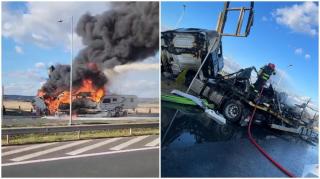 Un camion a lovit un panou publicitar și a luat foc, într-o benzinărie din Timiș