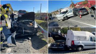 Accident cumplit într-o comună din Gorj. Patru maşini şi un TIR s-au ciocnit violent: 2 răniţi au ajuns la Urgenţe