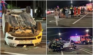 Două maşini făcute zob, după ce s-au ciocnit în parcarea unui mall Constanţa. Una dintre ele a ajuns cu roțile în sus