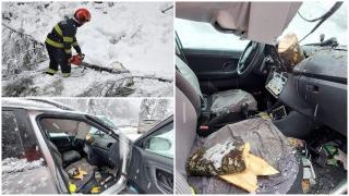 "Poooc! Putea să mă omoare". Doi soţi, la un pas de moarte după ce vântul a rupt o creangă şi a înfipt-o în bordul maşinii lor