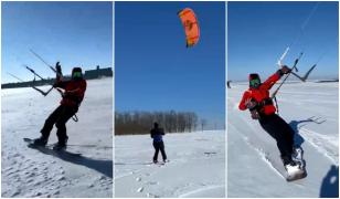 Împătimiţii de sporturi nautice au dat valurile pe nămeţi, la Constanţa. Tinerii s-au dat cu placa de surf pe un câmp înzăpezit