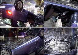 Un şofer a alunecat pe şoseaua umedă şi s-a răsturnat cu maşina, în Pantelimon. A ajuns cu roţile în sus, după ce a trecut peste un scuar