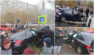 Un stâlp retezat de un şofer vitezoman a căzut peste alte două mașini aflate în trafic, la Piața Trapezului din București