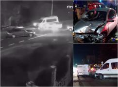Accident teribil surprins pe camere, în Crevedia. Mai multe victime, între care un copil, după ce două maşini şi un microbuz s-au ciocnit