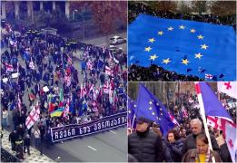 Sute de oameni au mărşăluit pe străzile din Georgia cu un steag de 33 de metri, pentru aderarea ţării în UE. Preşedinta, prezentă printre manifestanţi