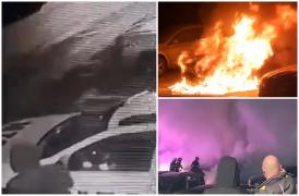 Maşină incendiată în stil mafiot la Iaşi. Momentul, surprins de o cameră de supraveghere: "A venit cu o sticlă, a stropit, a dat foc"
