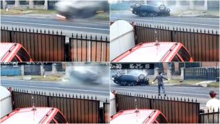 Momentul în care un bărbat se răstoarnă cu mașina, pe un drum din Maramureș, surprins de camere. Impact violent, după ce s-a izbit de un podeţ de beton