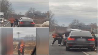 Momentul în care doi bărbaţi încep să-şi împartă pumni şi picioare, după o şicanare în trafic. Partenerele lor au încasat şi ele lovituri