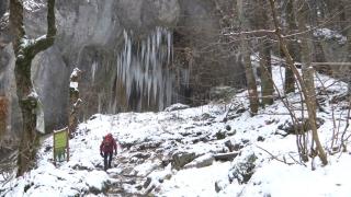 Cascada Şapte Scări, transformată de ger într-un adevărat regat de gheaţă. Peisaj de basm în masivul Piatra Mare
