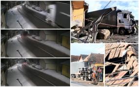 Momentul când un șofer de TIR pierde controlul volanului și distruge o casă în Mureș. O persoană a scăpat ca prin urechile acului de impactul devastator