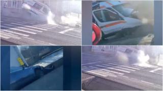 Impact violent pe o șosea din Bistrița. Ambulanță făcută praf, după ce un șofer a virat la stânga fără să se asigure. Pacienta și echipajul medical, răniți