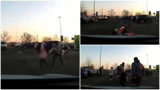 Bărbat filmat când se aruncă după o fetiță, în fața unei mașini, într-o parcare din Baia Mare. Nenorocire evitată la secundă