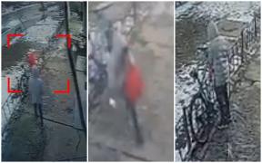 Momentul în care un hoţ fură o sacoşă cu alimente scăpată din ochi de proprietar, în zona Unirii din Sighetu Marmaţiei