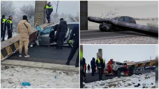 ANIMAȚIE. Femeie, strivită în mașină de o grindă de 10 tone lovită de un camion, pe DN6. "Hai mai repede, că mor"