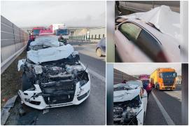 Un bărbat a scăpat ca prin minune, după ce a intrat cu maşina într-un camion, pe autostradă. Accident grav pe A1, în Deva