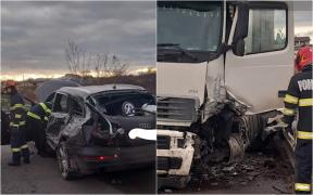 Accident cumplit între două maşini şi un TIR în Urecheşti, Vrancea. Patru oameni, printre care doi copii, au ajuns la spital