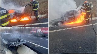 O maşină a fost cuprinsă de flăcări în mers, pe un drum național din Botoșani
