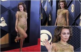 Premiile Grammy 2024. Miley Cyrus, apariție spectaculoasă pe covorul roșu. A purtat o rochie făcută doar din ace de siguranță din aur