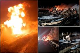 Șofer carbonizat în cabină, după ce s-a răsturnat cu cisterna pe un drum din Brăila. Explozie de proporții și zeci de tone de motorină împrăștiate pe șosea