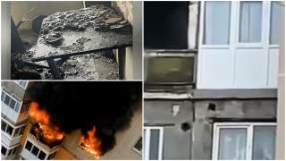 "Stai, mă, acolo!". Momentul în care un bărbat încearcă să coboare de la etajul 5 pe fațada unui bloc în flăcări, în Călărași