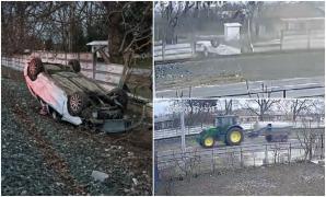 Momentul în care un tânăr de 19 ani zboară cu maşina de pe şosea şi se izbeşte violent de un gard, la Cobadin. Accidentul a fost filmat