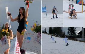 "E o experienţă faină". Bikini Race, cea mai aşteptată cursă pe pârtia din Păltiniş. Tinerele au îmbrăcat costumele de baie şi au înfruntat frigul de dragul competiţiei