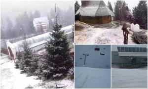 La munte a revenit iarna la început de primăvară, este frig și ninge de ore bune. La Straja s-a depus deja strat de zăpadă