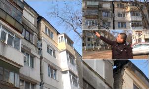 "Eu în sufragerie mă duc la vale". Un bloc din Galaţi stă să se prăbuşească. Scările se distanţează, iar armatura de beton de la etajele superioare s-a rupt în două