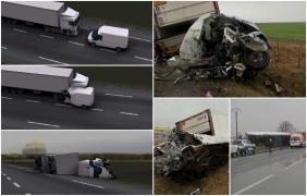 ANIMAŢIE. Drumul Morţii - E85 şi-a cerut din nou tributul. A sfârşit în cabina dubei sale, după ce un TIR s-a răsturnat peste el când a derapat şi a intrat pe contrasens