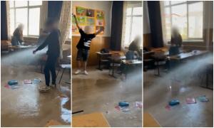 "Ne facem baie!" Ţeava unui calorifer a cedat în timpul orei, la o şcoală din Craiova. Apa a inundat clasa în doar câteva minute