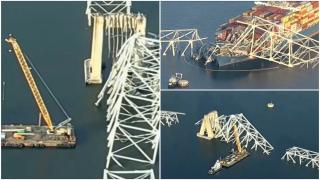 Cea mai mare macara operaţională a ajuns în Baltimore. Echipajele, nevoite să taie bucată cu bucată podul, care are o greutate de peste 3.000 de tone