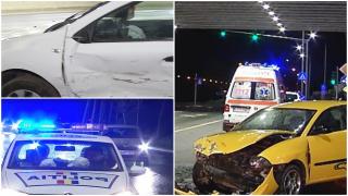 Accident teribil într-o intersecţie din Capitală. Două maşini s-au ciocnit, iar una dintre ele a fost aruncată într-un picior de pod
