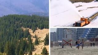 O Românie, trei anotimpuri. La poalele munţilor e primăvară, dar câteva sute de metri mai "sus" se deszăpezeşte. La mare, turiştii fac plajă