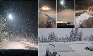 Ninge de ore bune la munte. La Rânca s-a aşternut deja un strat consistent de zăpadă, drumarii intervin cu material antiderapant