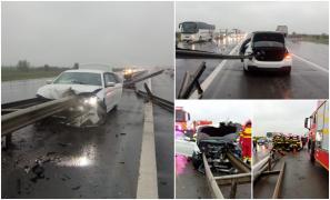 BMW-ul străpuns de parapetul metalic pe A1 ar fi intrat în acvaplanare, înainte de impactul mortal. Noi imagini de la locul tragediei