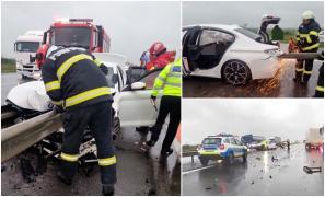 Străpuns de parapetul metalic, în drum spre casă. Filmul accidentului şocant de pe A1, unde un tânăr a murit pe loc, la volanul unui BMW