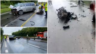 Accident teribil în Deva. Un microbuz s-a izbit violent de parapetul care desparte sensurile de mers pe DN7. Şapte persoane au ajuns la spital