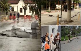 Mister în Slănic Prahova, după ce o stradă s-a surpat din senin. Craterul se măreşte pe măsură ce trec orele